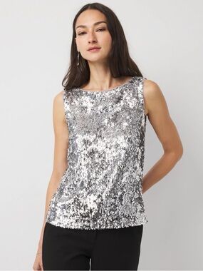 Brand New White House Black Market Silver Sleeveless Lined Teardrop Sequin Cami